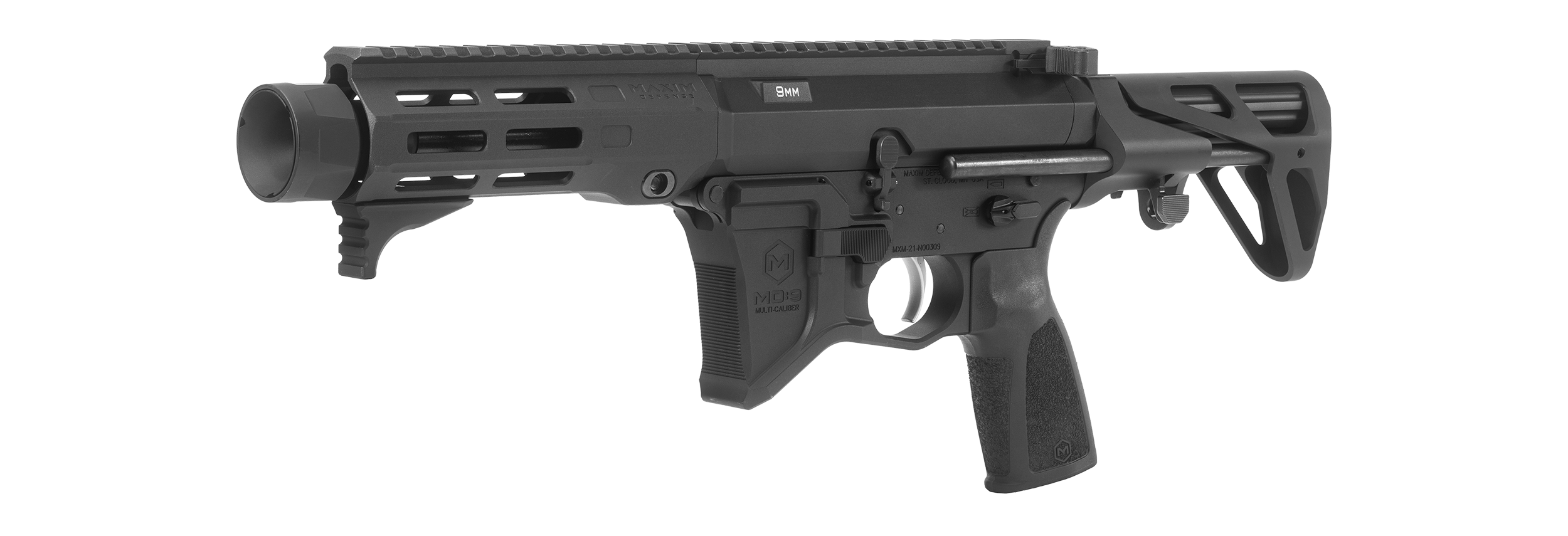 Maxim MD:9 CQB 905 SBR in Black. Front left facing.
