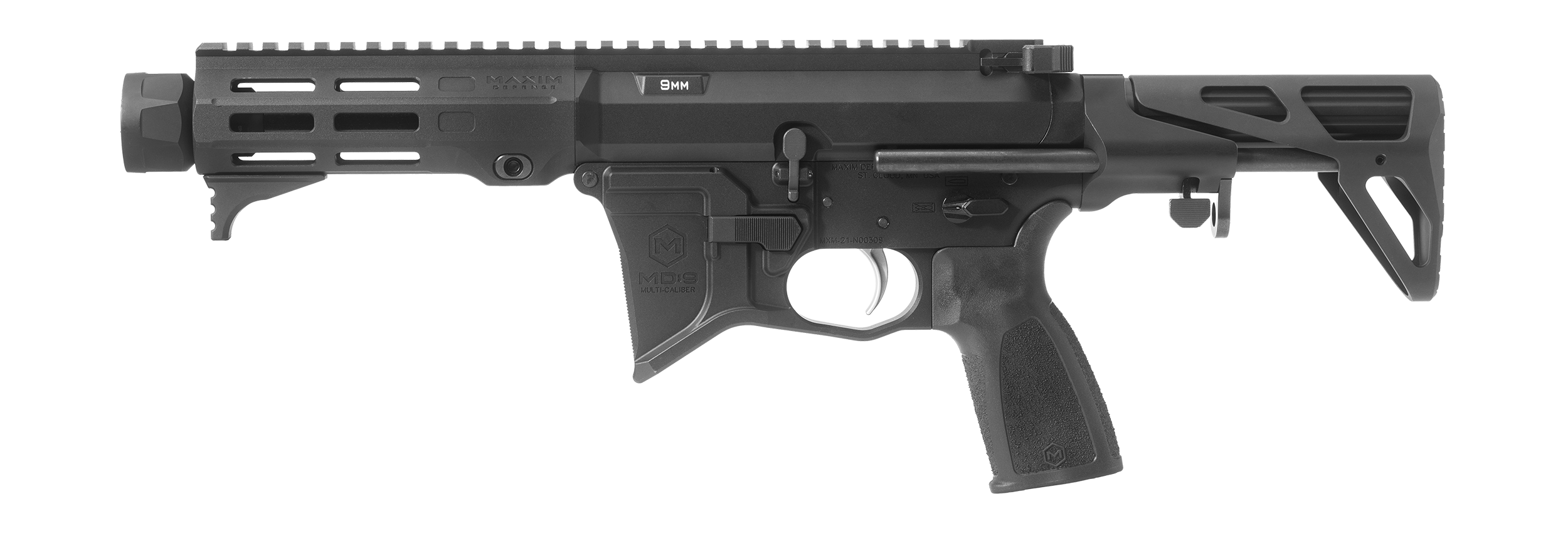 Maxim MD:9 CQB 905 SBR in Black. Left facing.