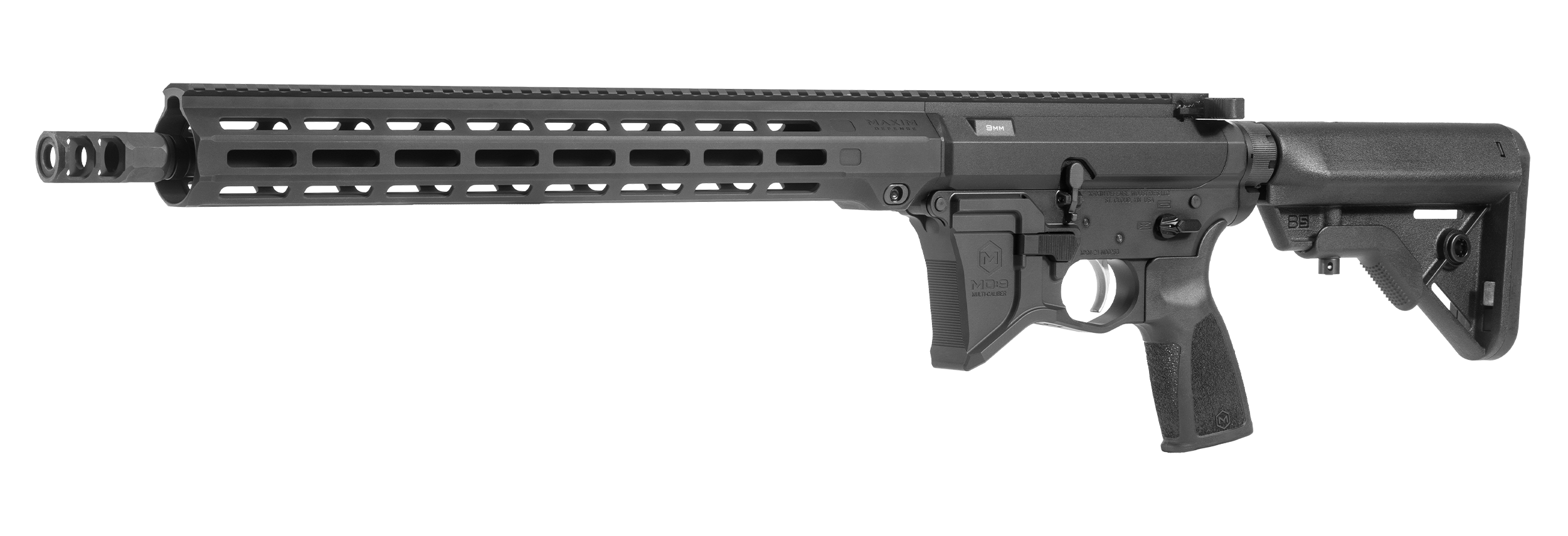 Maxim MD:9 Carbine in Black. Front left facing.